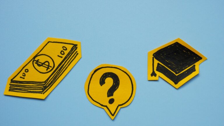 Student loans and financial decisions. Graduation cap, dollar bills, and a question mark.