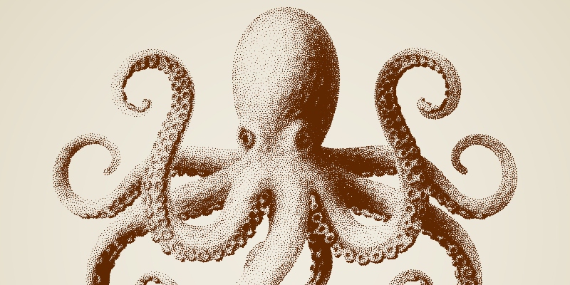 Vector octopus painted in engraving style. Eps8. RGB Global colors